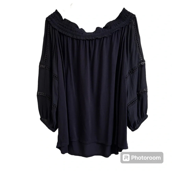 Loft Womens Lg Navy Blue Off The Shoulder Chiffon Blouse Windowpane Puff Sleeve - Picture 3 of 9